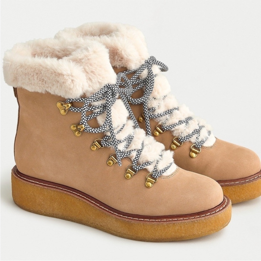 J.Crew Lace-Up Fur Lined Hiking Boots. Women's Sz. 12 Warm | Neutral | Cozy NWOT